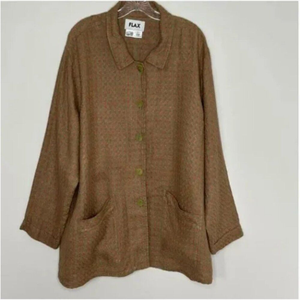 Flax Women's Linen Lagenlook Button Front Textured Blazer Tan/Rose Size Large